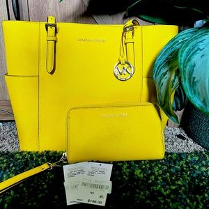 Michael Kors Sunflower yellow jet set large tote purse and wallet